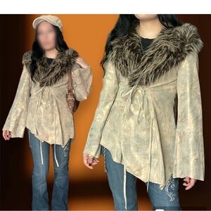 Vintage Y2K Newport News metallic suede leather jacket faux fur trim "Penny Lane